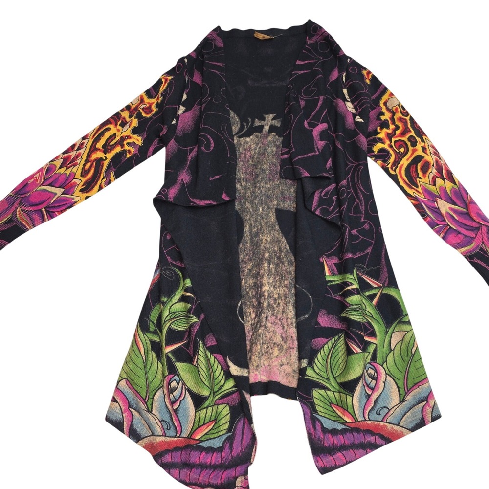 Christian Audigier Womens XS Black Tattoo Graphic Rhinestone Crown Cardigan Y2K